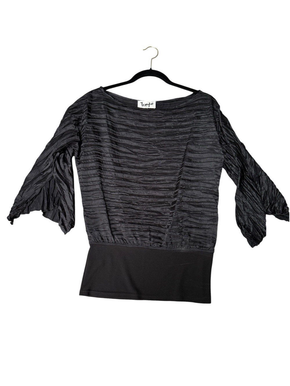 Vintage Tempo Paris Black Crinkle Boatneck Top Size M Silky Satin Evening Party